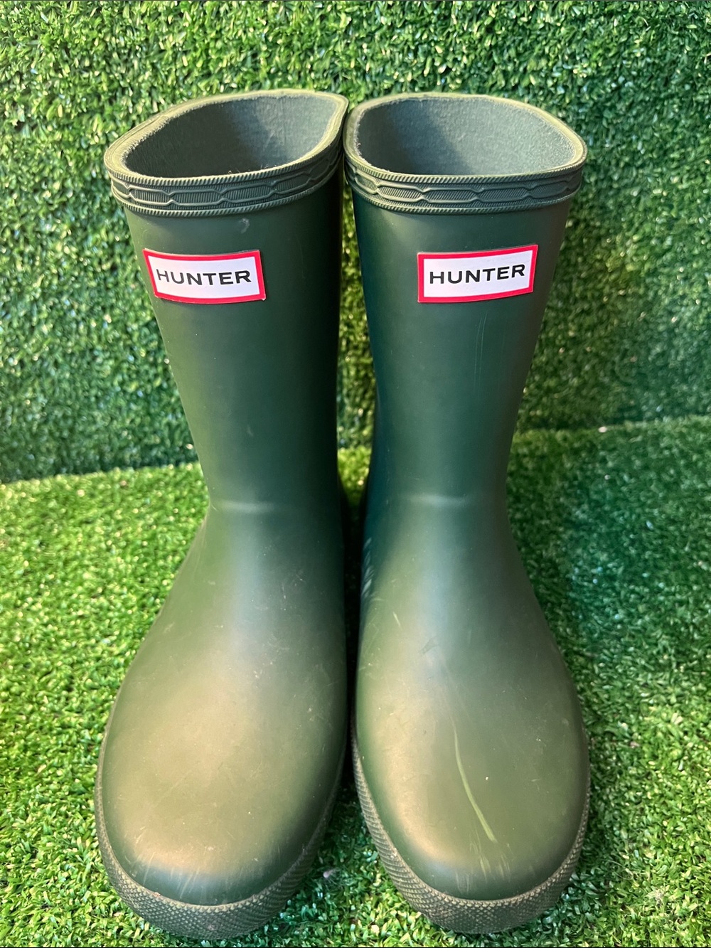Hunter Kids First Classic Rain Boots in a matte green finish